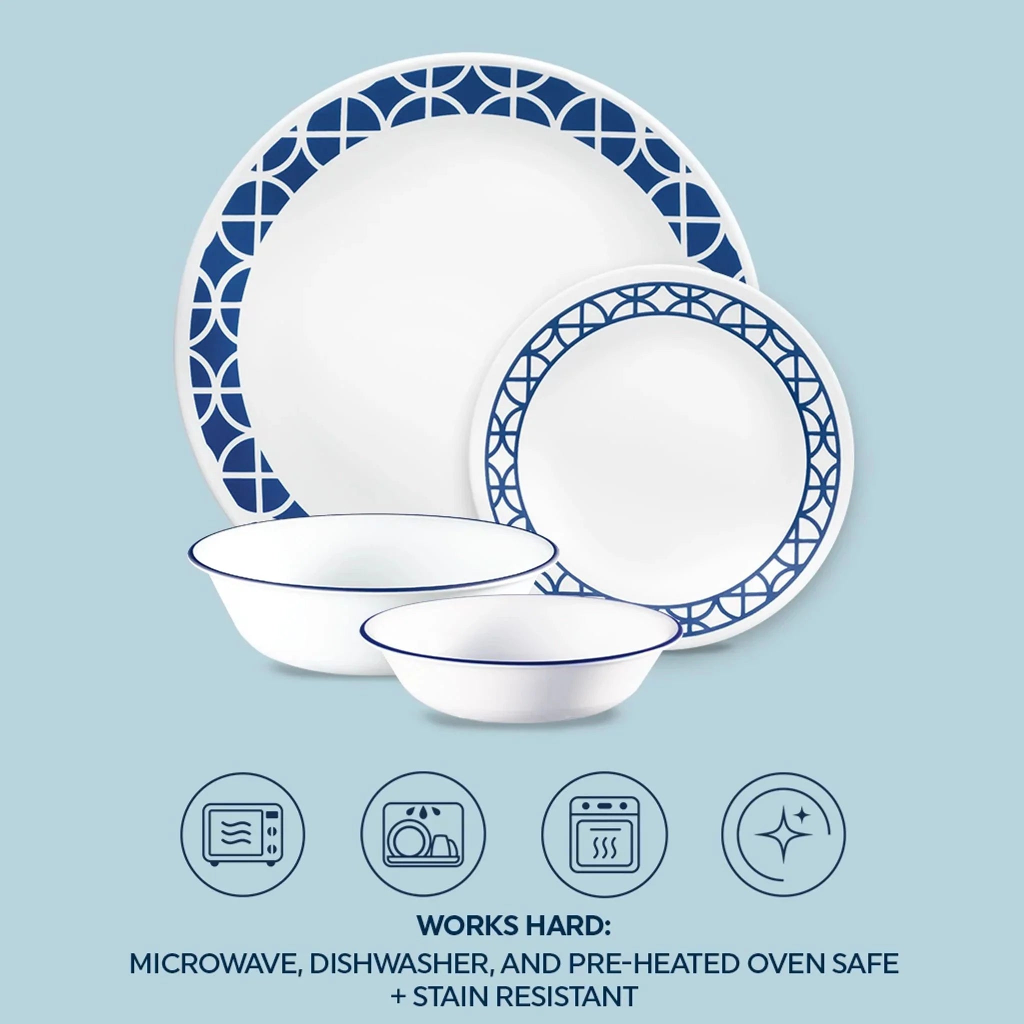 Corelle Vitrelle Cobalt Circles 16-piece Mugless Dinnerware Set, Service of 4 - Image 6