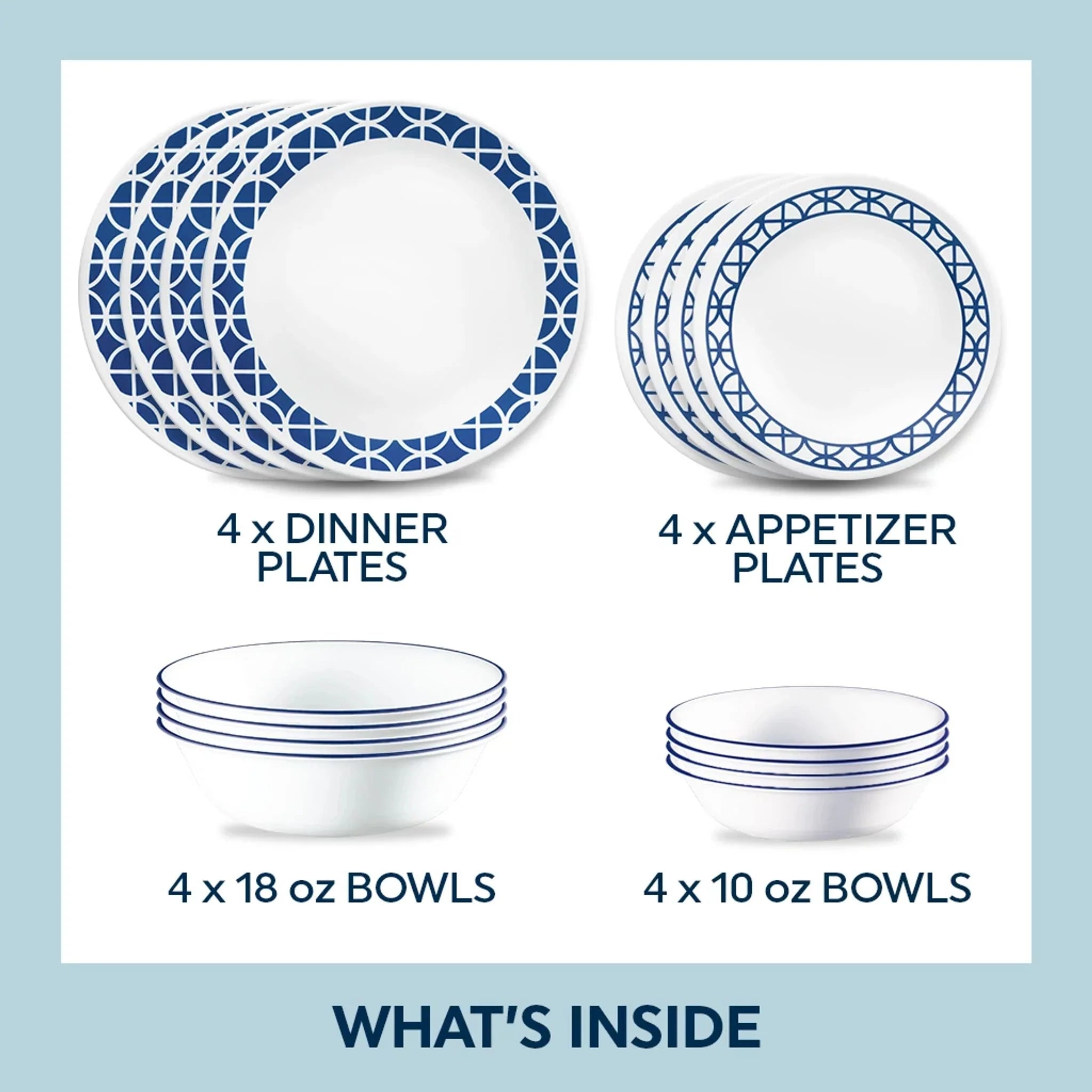 Corelle Vitrelle Cobalt Circles 16-piece Mugless Dinnerware Set, Service of 4 - Image 3