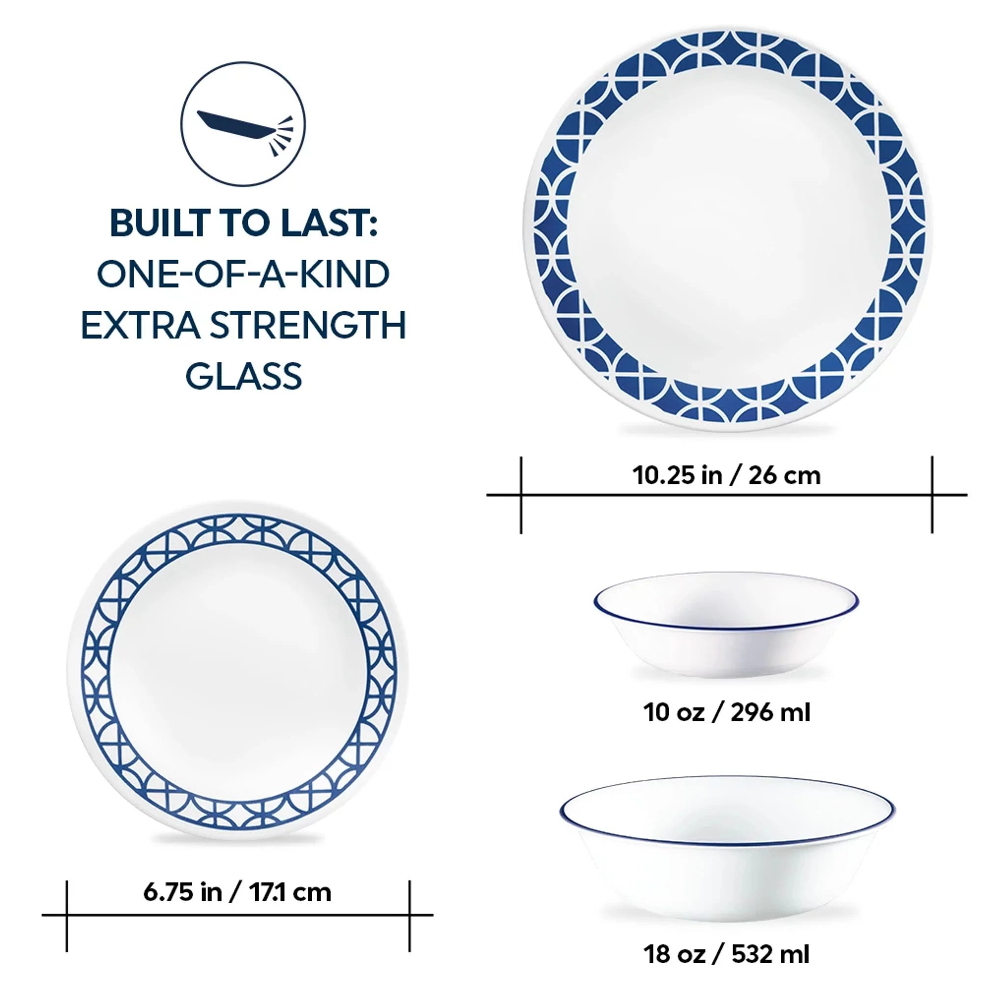 Corelle Vitrelle Cobalt Circles 16-piece Mugless Dinnerware Set, Service of 4 - Image 2