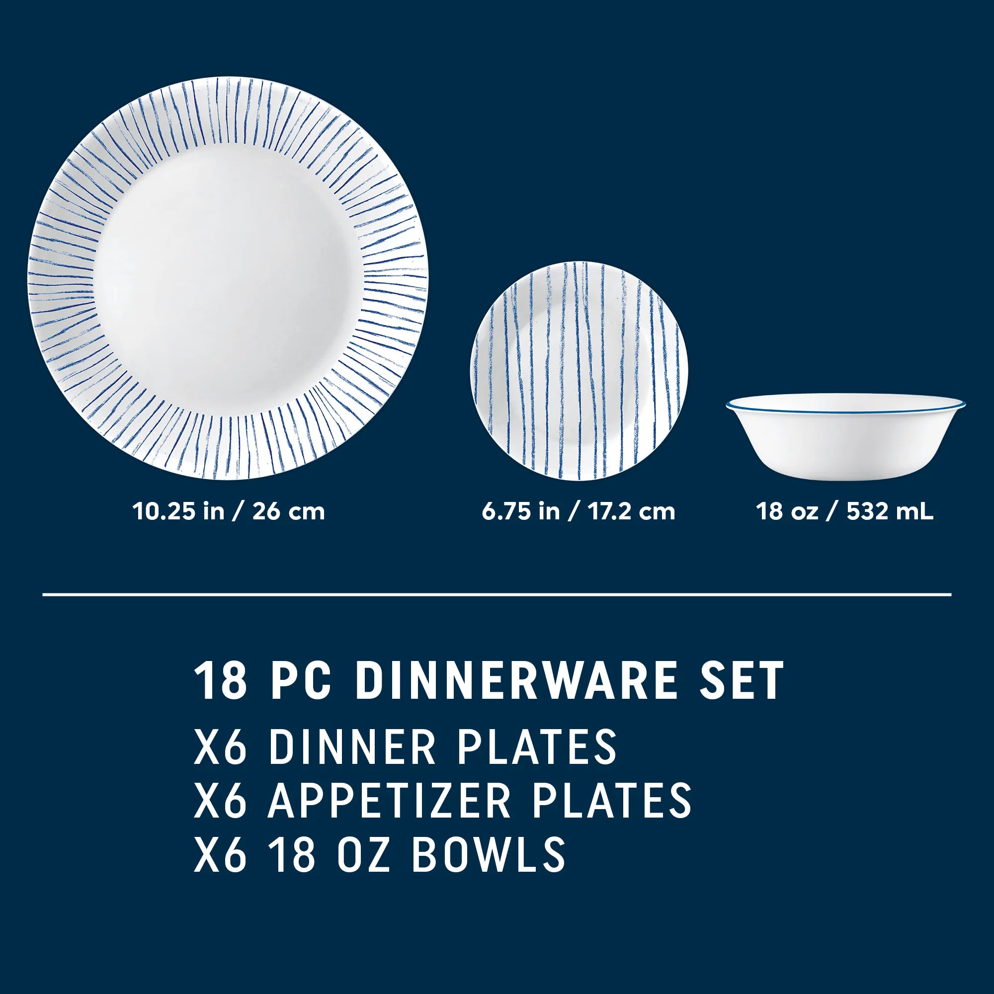 Corelle Vitrelle Nautical Stripes 18-piece Dinnerware Set, Service for 6 - Image 2