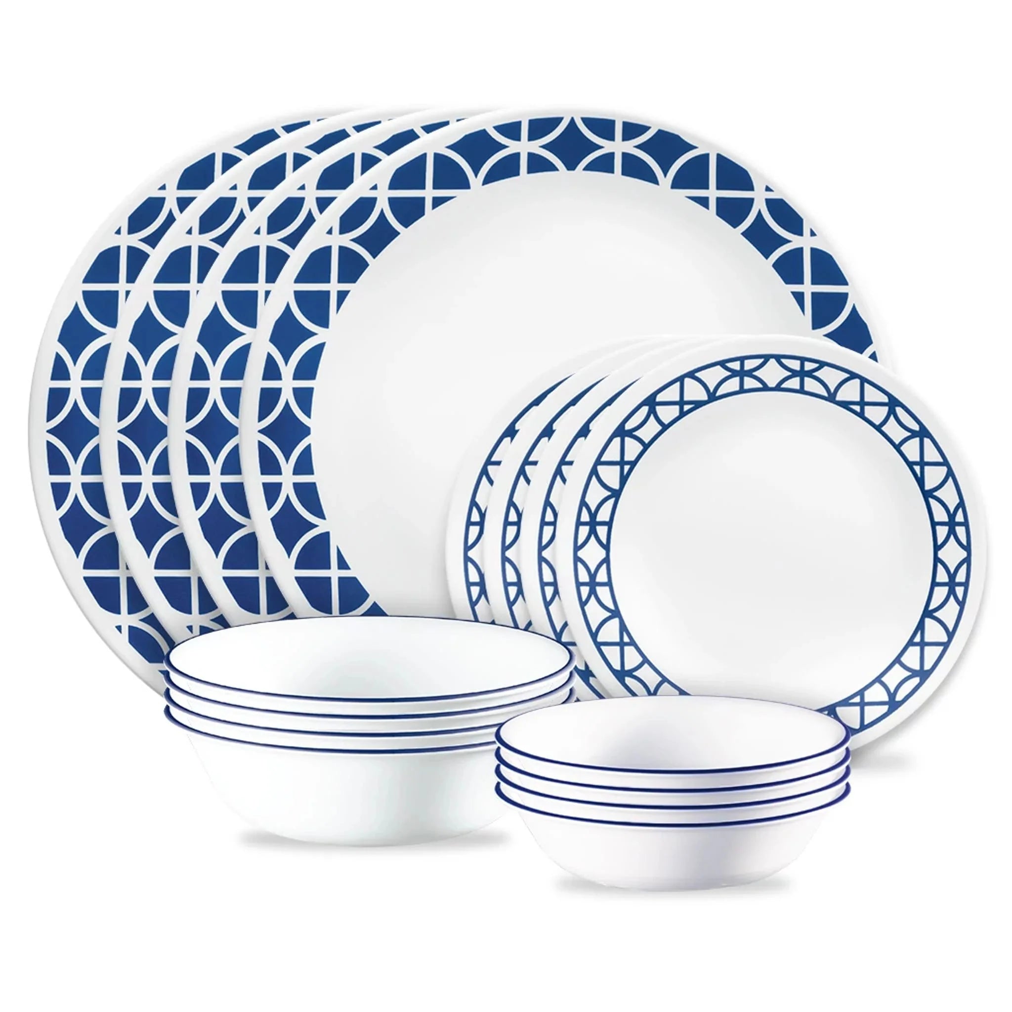 Corelle Vitrelle Cobalt Circles 16-piece Mugless Dinnerware Set, Service of 4